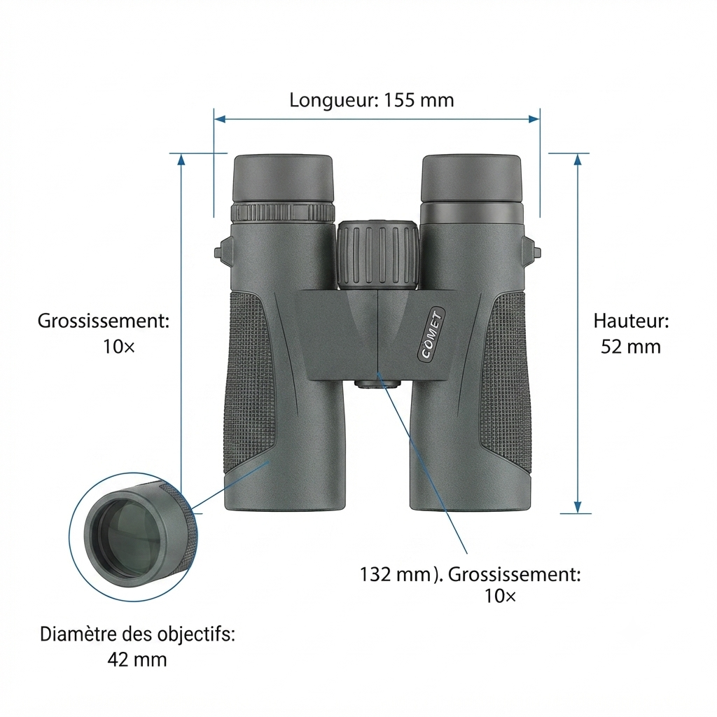 Jumelles 10x42, schéma des dimensions et du grossissement