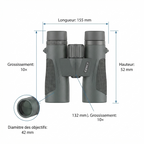 Jumelles 10x42, schéma des dimensions et du grossissement