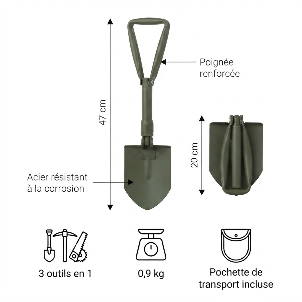 Pelle de survie pliable, pioche et scie