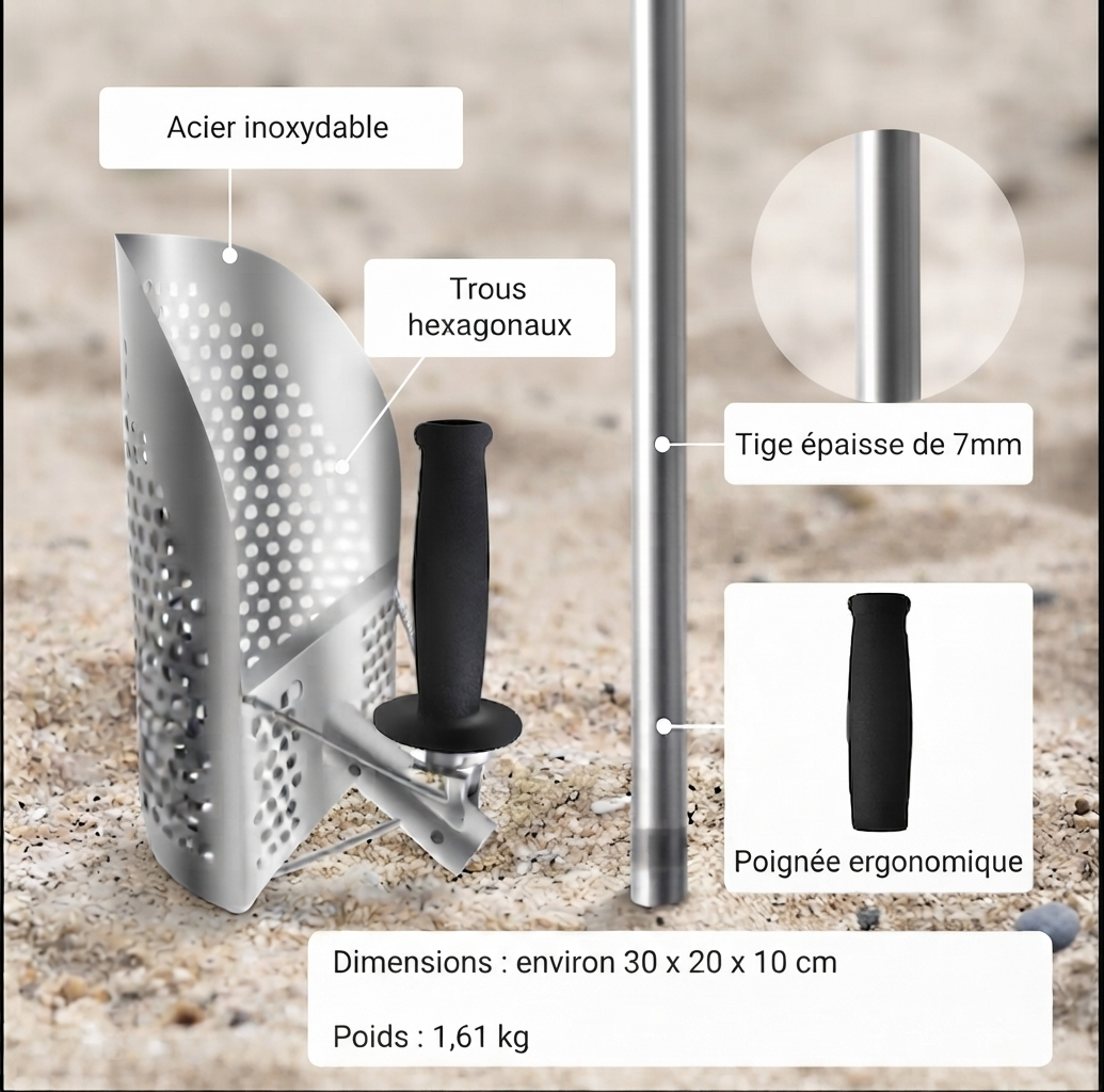 Pelle de détection en acier inoxydable, utilisation sur la plage